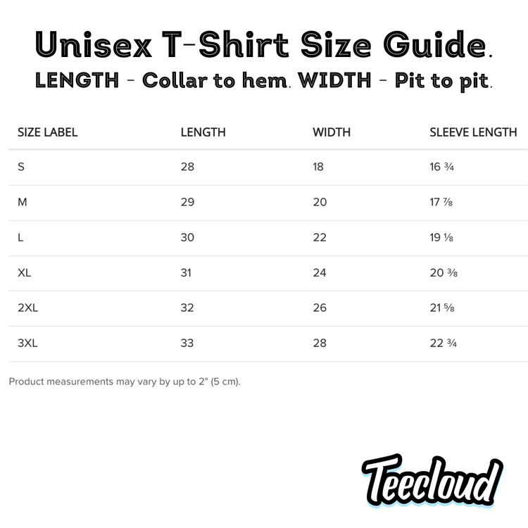 T-shirt size guide chart showing measurements in inches and centimeters