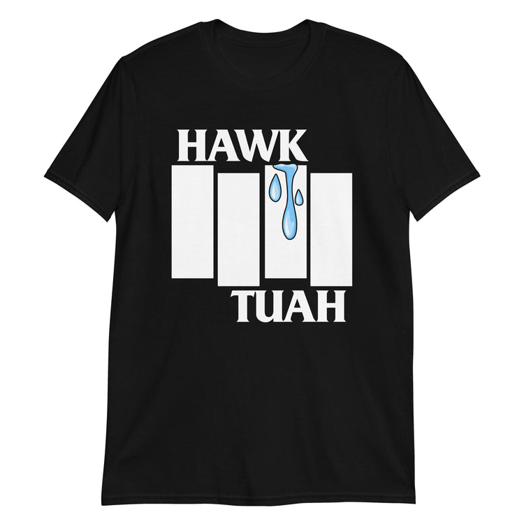 Black unisex t-shirt with "Hawk Tuah Punk Flag" graphic print, front view