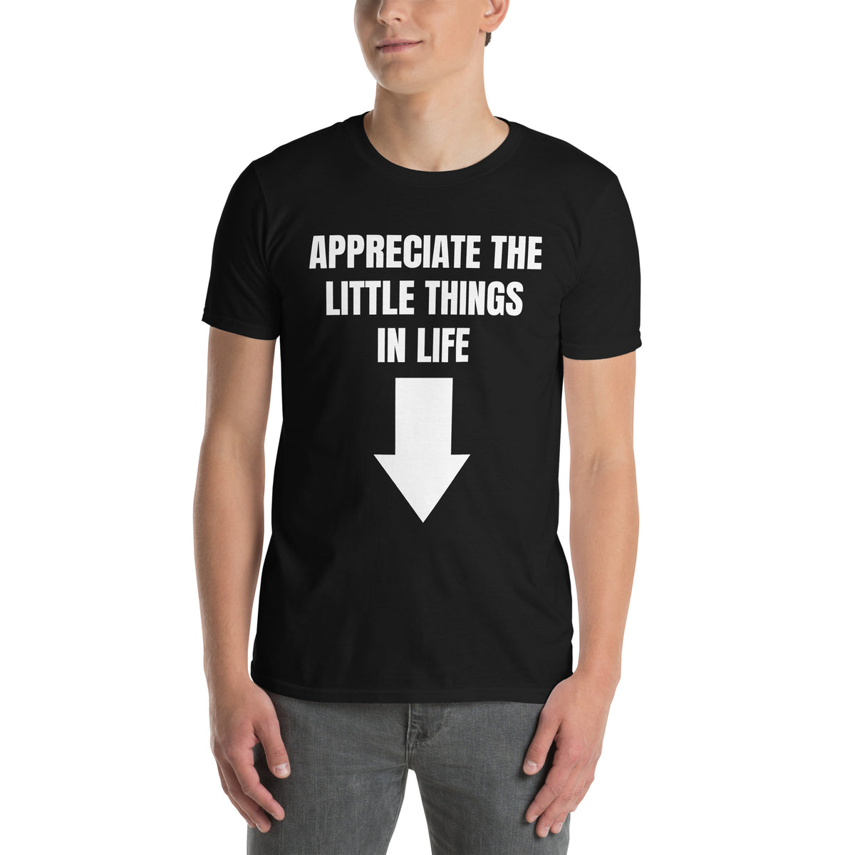 Black unisex t-shirt with "Appreciate The Little Things In Life" graphic print, front view