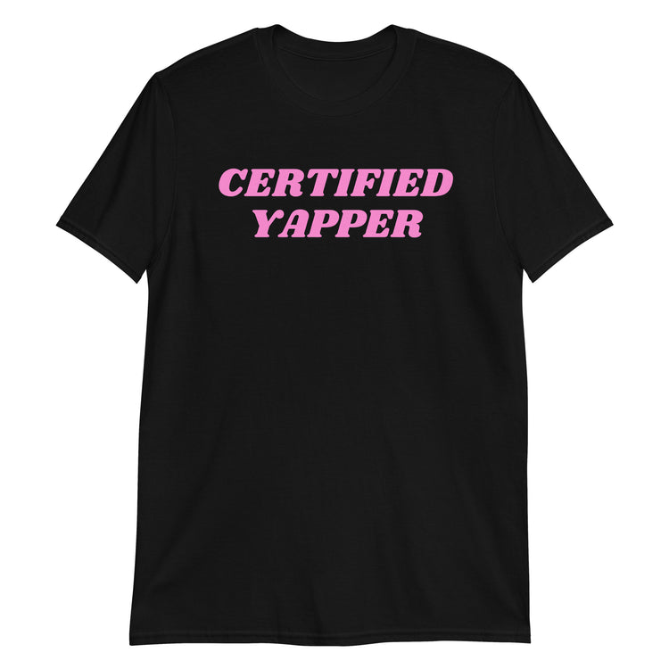 Black unisex t-shirt with "Certified Yapper" graphic print, front view