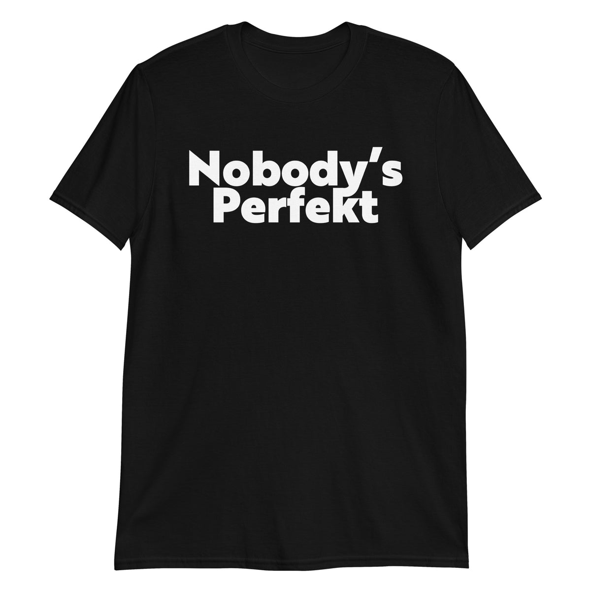 Black unisex t-shirt with "Nobody's Perfekt Typo" graphic print, front view