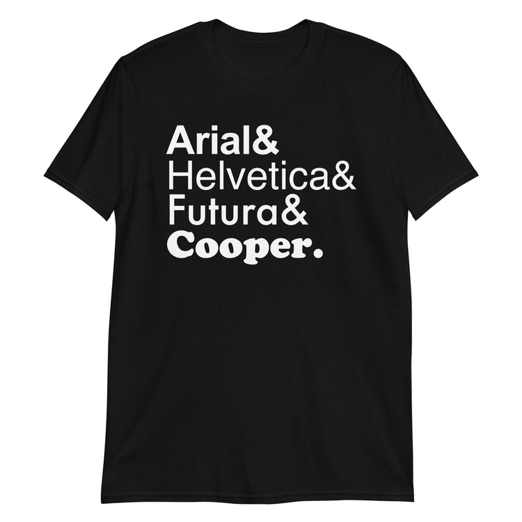 Black unisex t-shirt with "The Fonts List" graphic print, front view