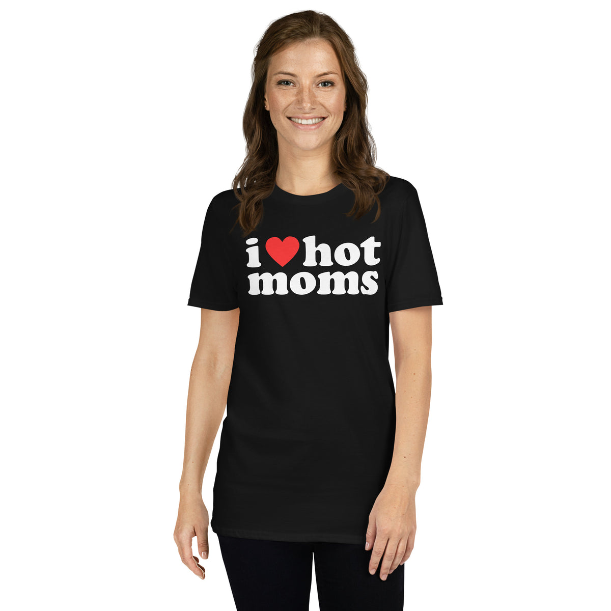 Black unisex t-shirt with "I Love Hot Moms" graphic print, front view