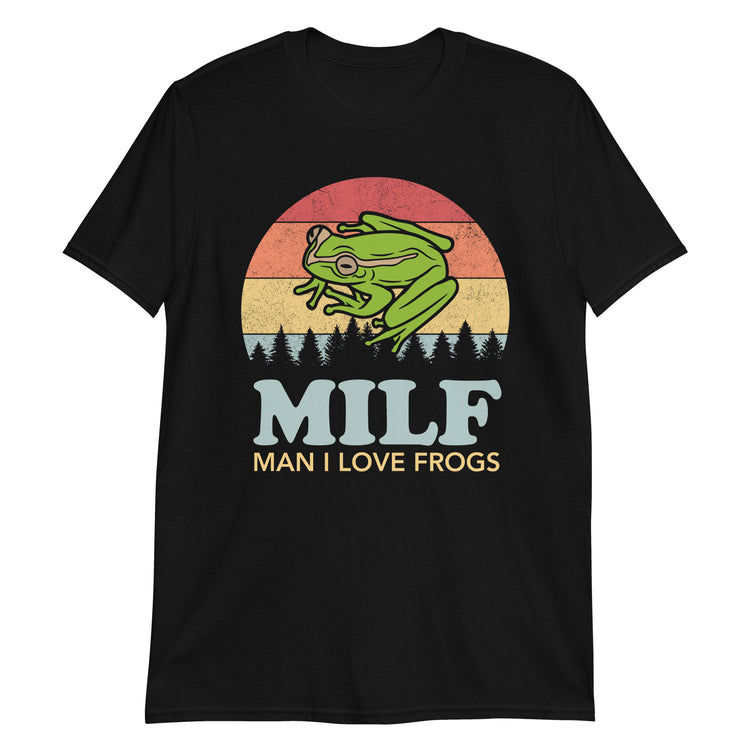 Black unisex t-shirt with "MILF Man I Love Frogs" graphic print, front view