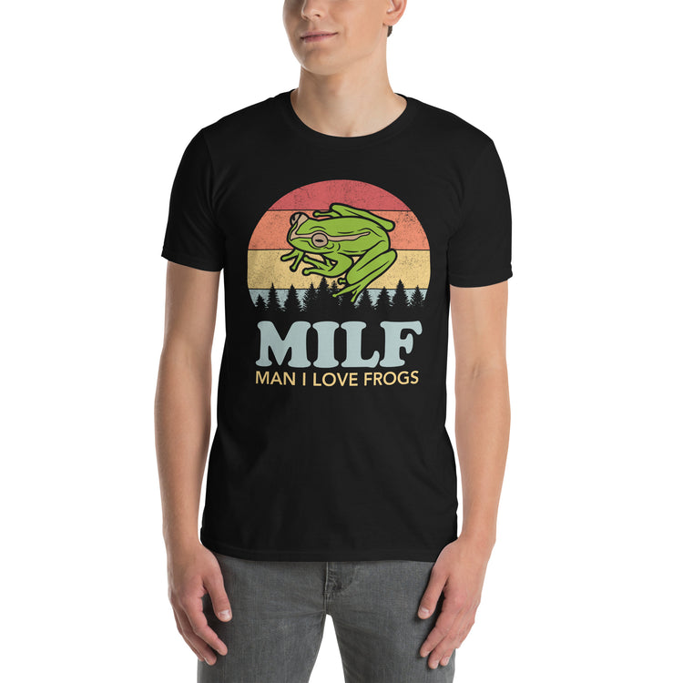 Black unisex t-shirt with "MILF Man I Love Frogs" graphic print, front view