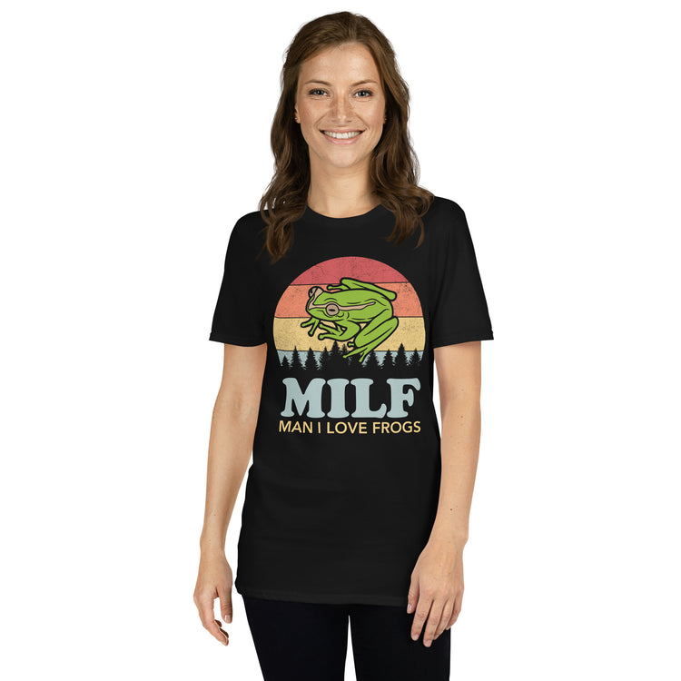 Black unisex t-shirt with "MILF Man I Love Frogs" graphic print, front view