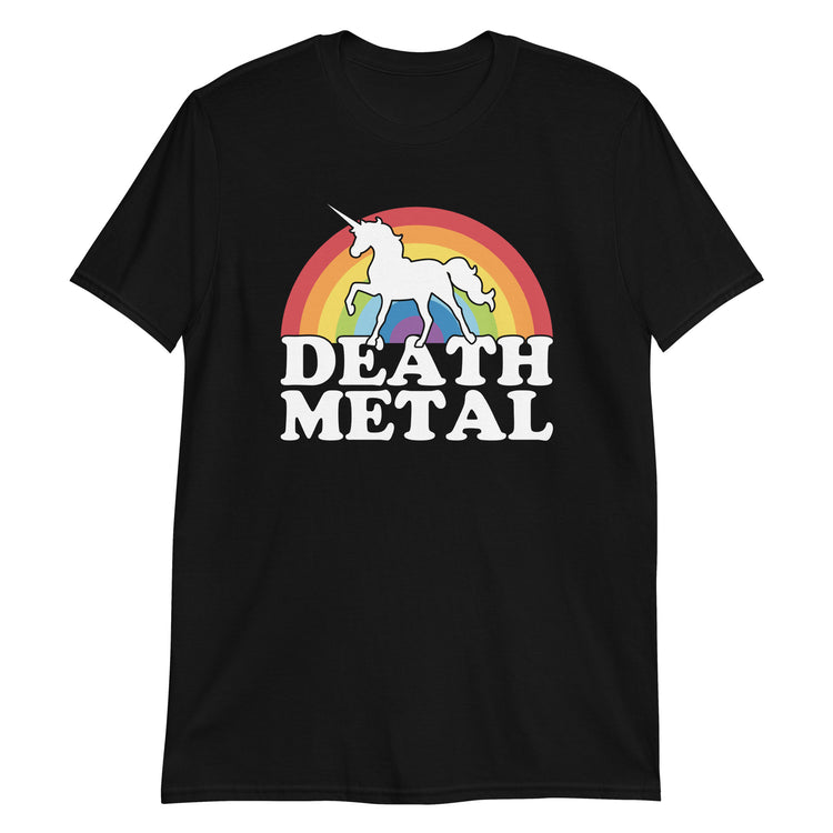 Black unisex t-shirt with "Death Metal Rainbow Unicorn" graphic print, front view