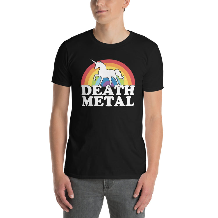 Black unisex t-shirt with "Death Metal Rainbow Unicorn" graphic print, front view