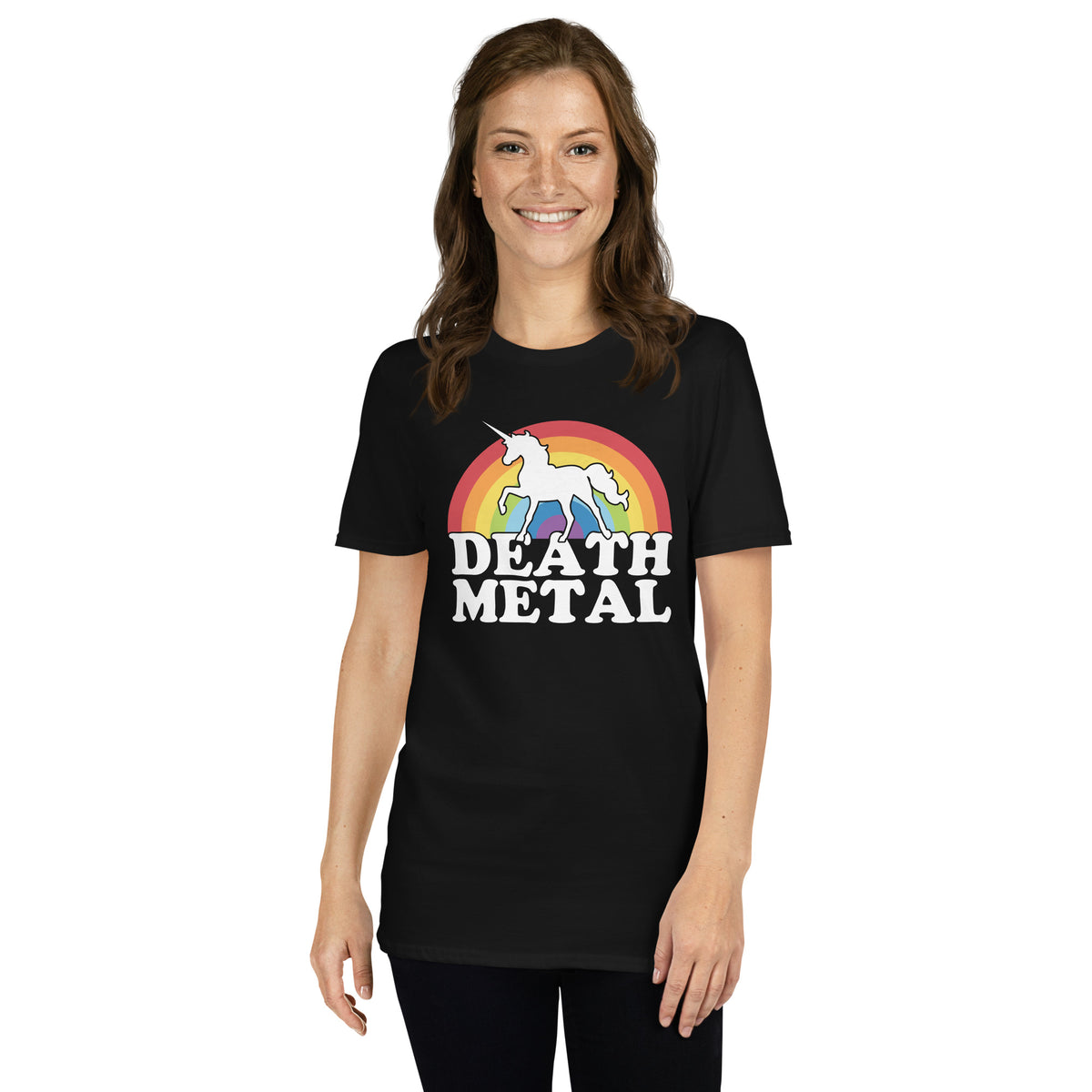 Black unisex t-shirt with "Death Metal Rainbow Unicorn" graphic print, front view