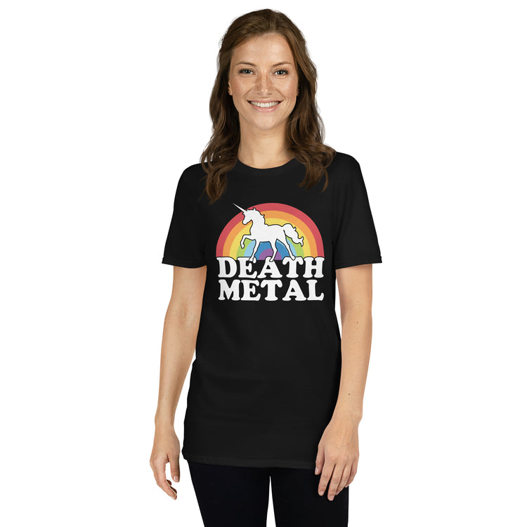 Black unisex t-shirt with "Death Metal Rainbow Unicorn" graphic print, front view