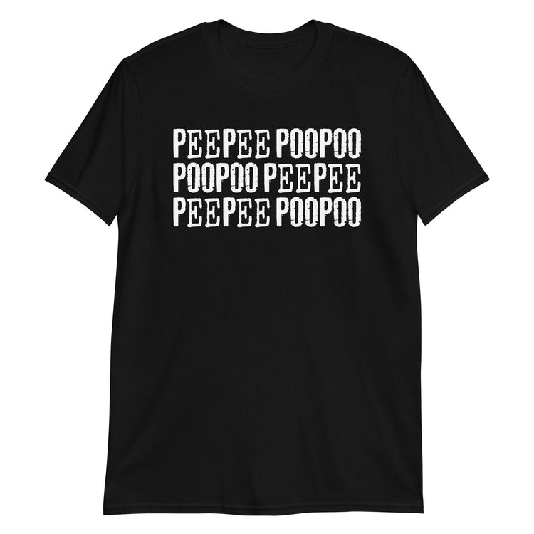 Black unisex t-shirt with "Peepee Poopoo" graphic print, front view