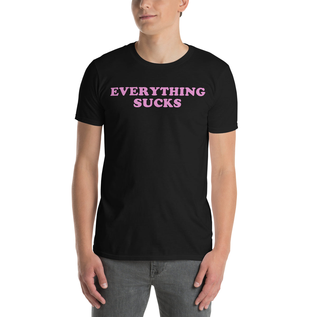 Black unisex t-shirt with "Everything Sucks" graphic print, front view