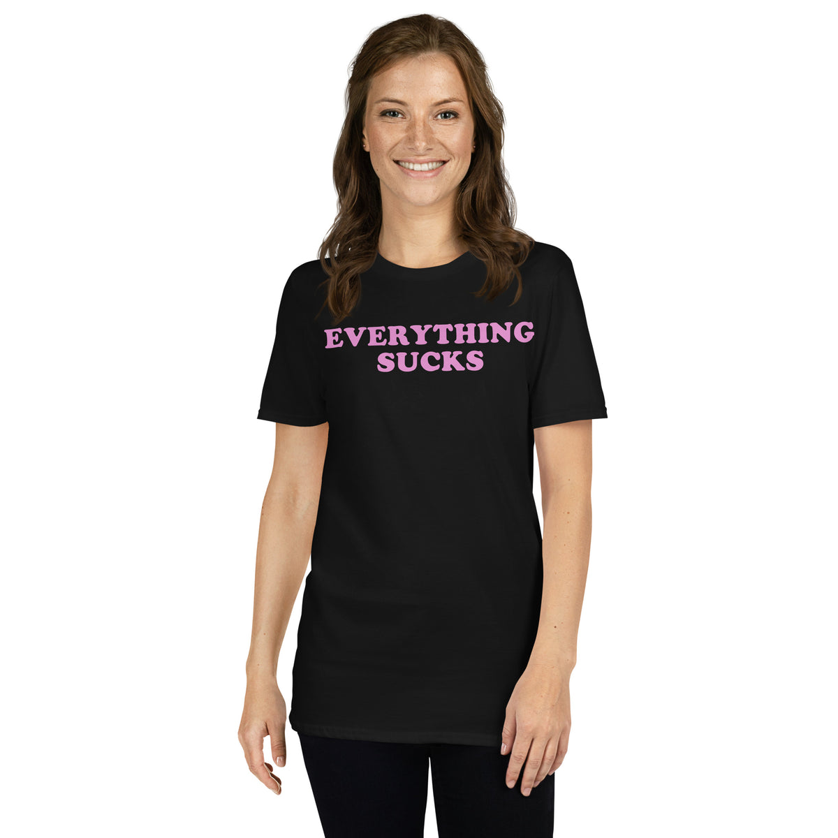 Black unisex t-shirt with "Everything Sucks" graphic print, front view