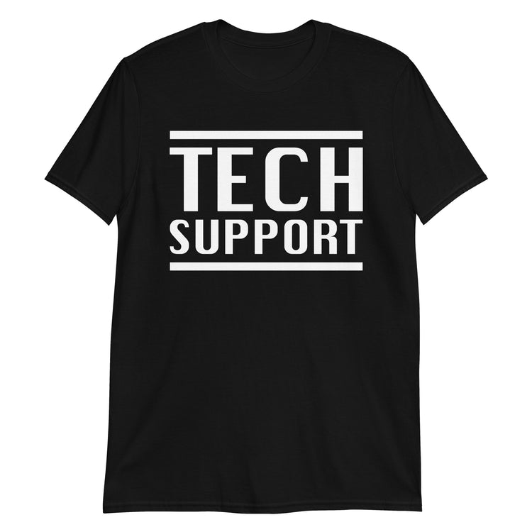 Black unisex t-shirt with "Tech Support Short-Sleeve Unisex" graphic print, front view