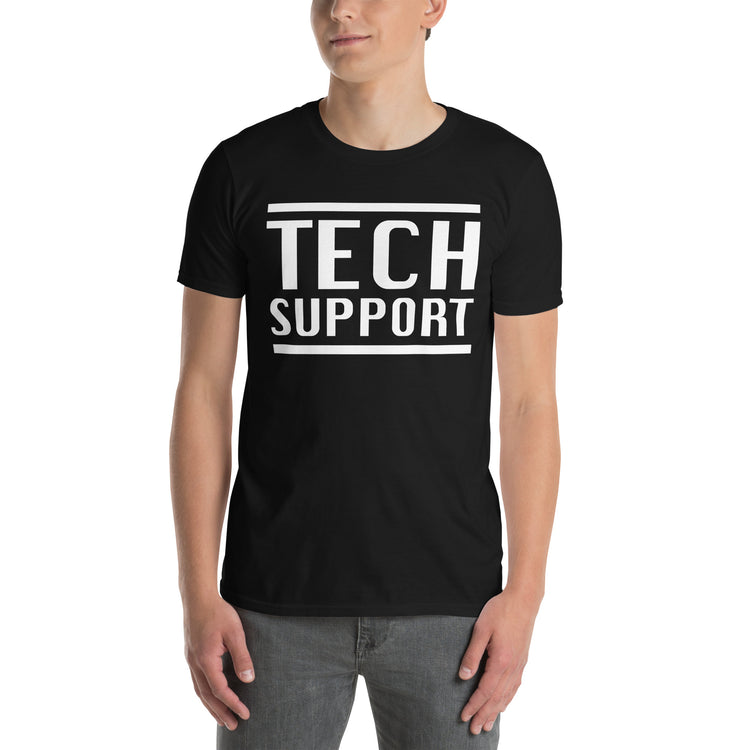 Black unisex t-shirt with "Tech Support Short-Sleeve Unisex" graphic print, front view
