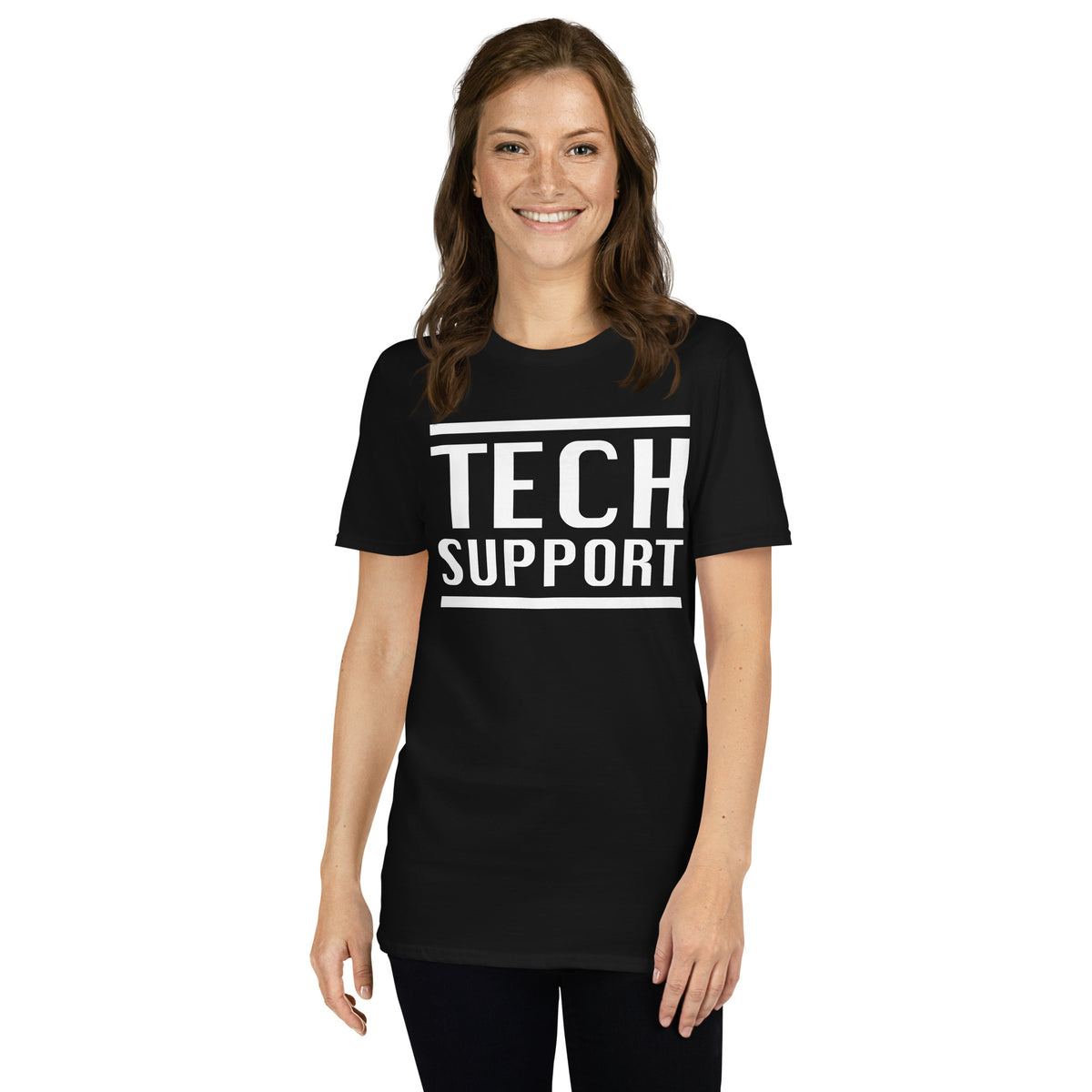 Black unisex t-shirt with "Tech Support Short-Sleeve Unisex" graphic print, front view