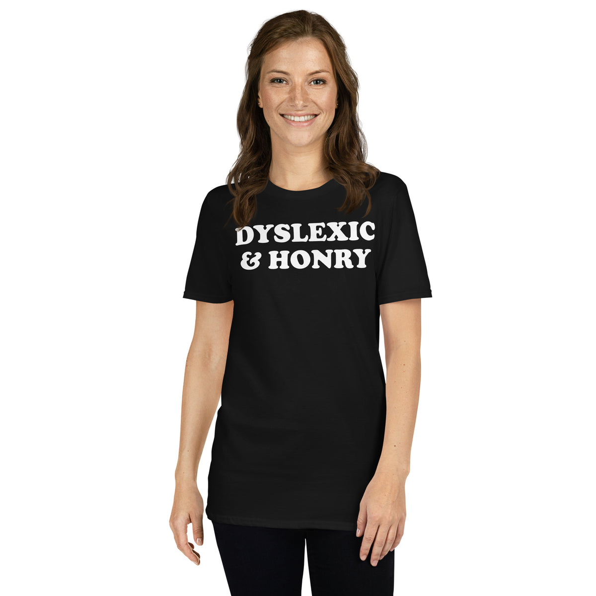 Black unisex t-shirt with "Dyslexic & Honry" graphic print, front view
