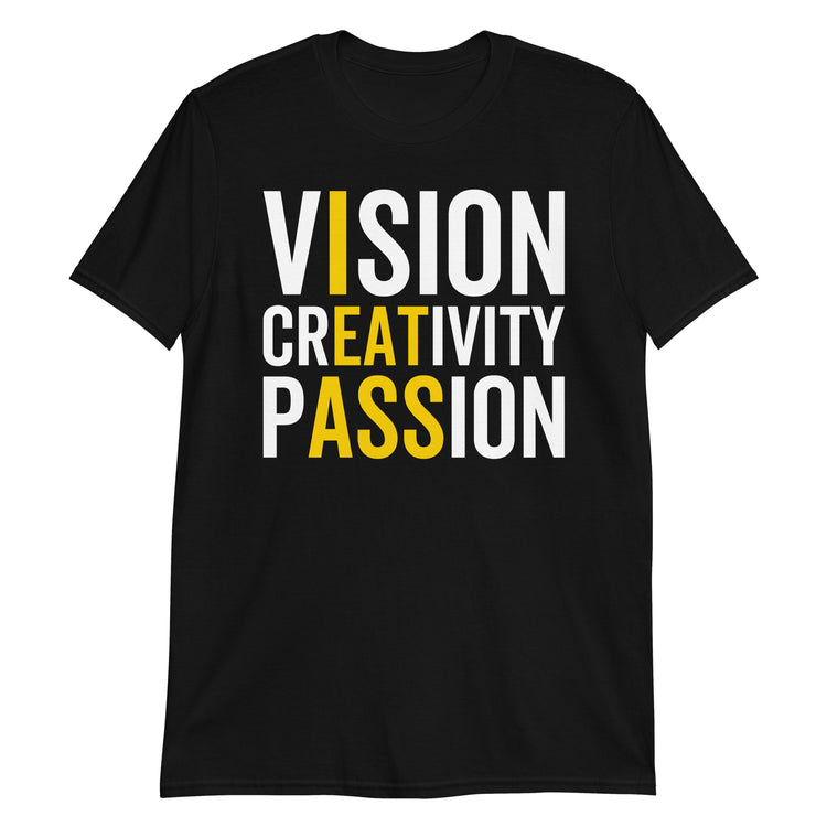 Black unisex t-shirt with "Vision Creativity Passion" graphic print, front view