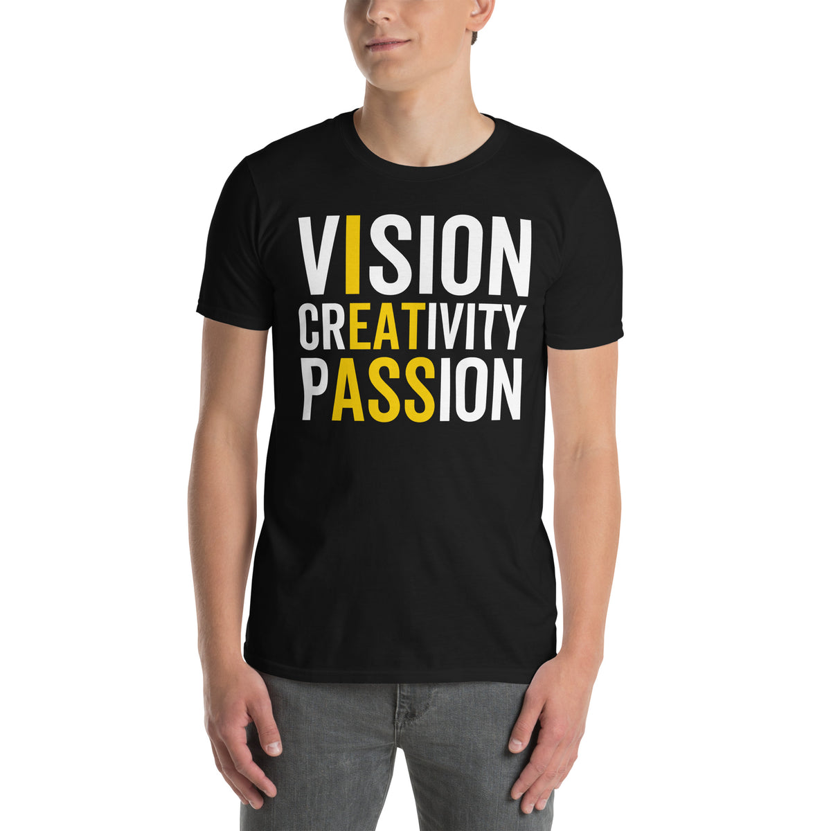 Black unisex t-shirt with "Vision Creativity Passion" graphic print, front view