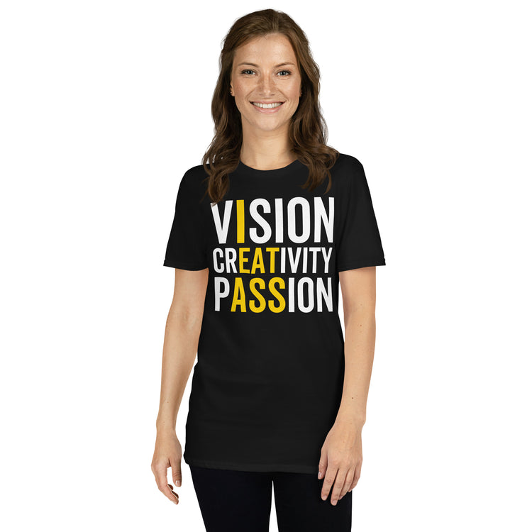 Black unisex t-shirt with "Vision Creativity Passion" graphic print, front view