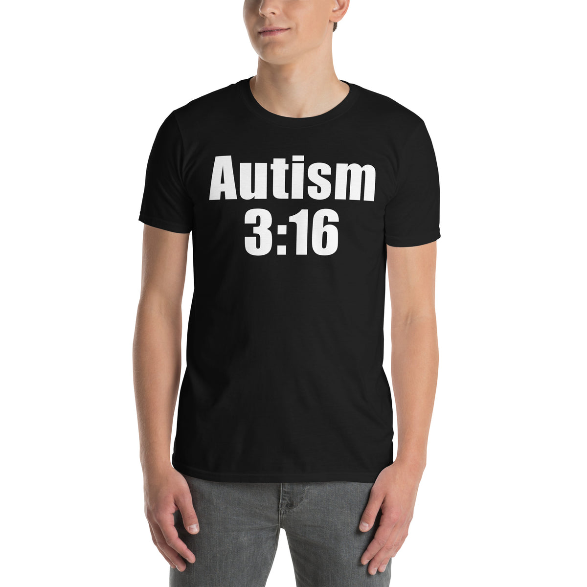 Black unisex t-shirt with "Autism 3:16" graphic print, front view