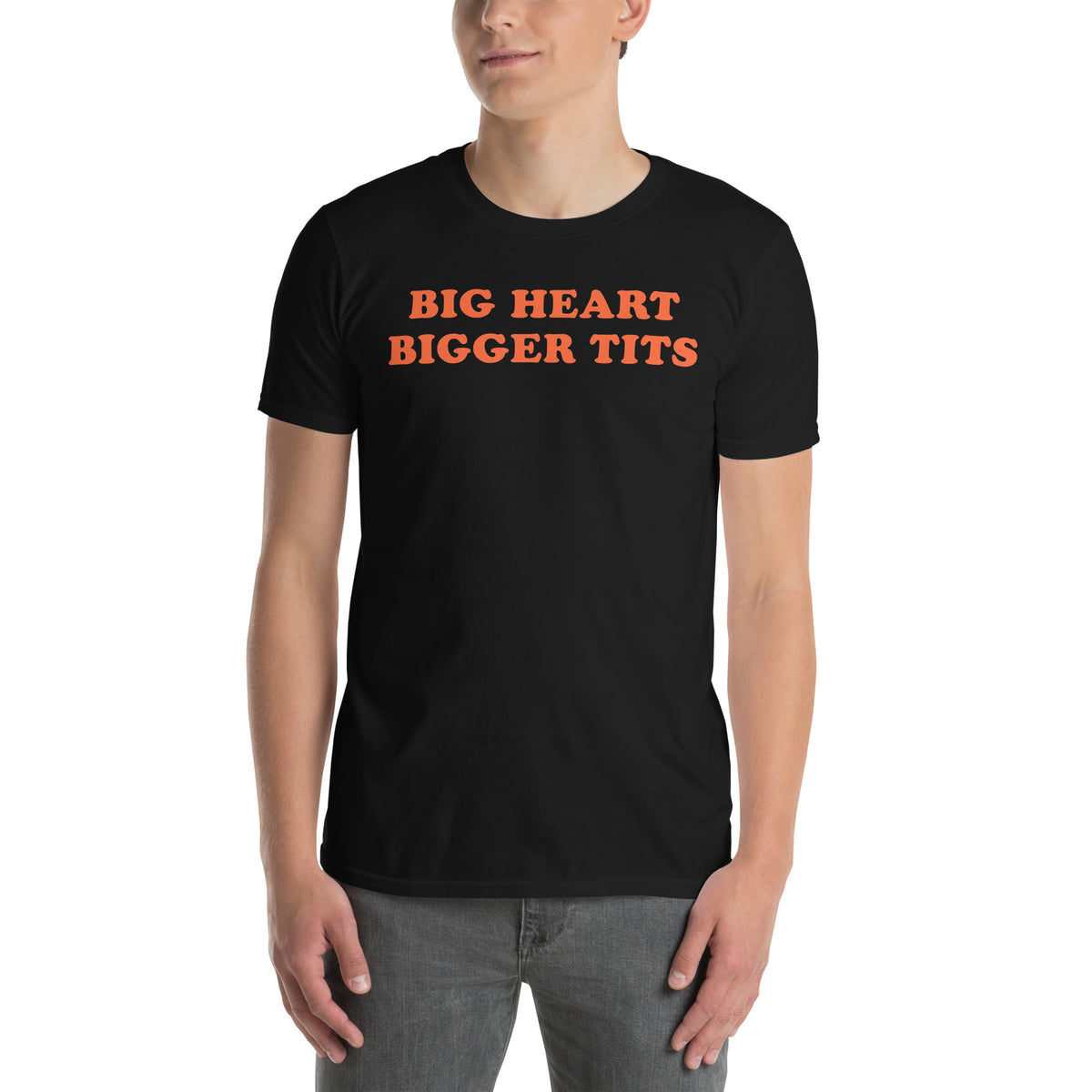 Black unisex t-shirt with "Big Heart Bigger Tits" graphic print, front view