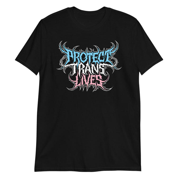 Black unisex t-shirt with "Protect Trans Lives Death Metal Logo" graphic print, front view