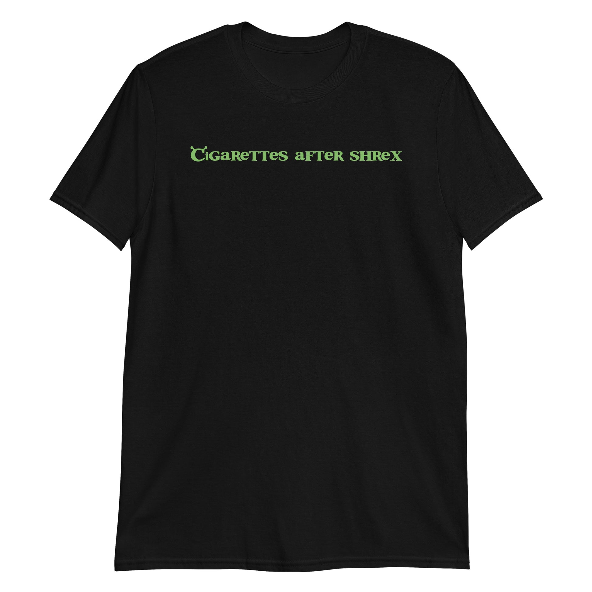 Black unisex t-shirt with "Cigarettes After Shrex" graphic print, front view