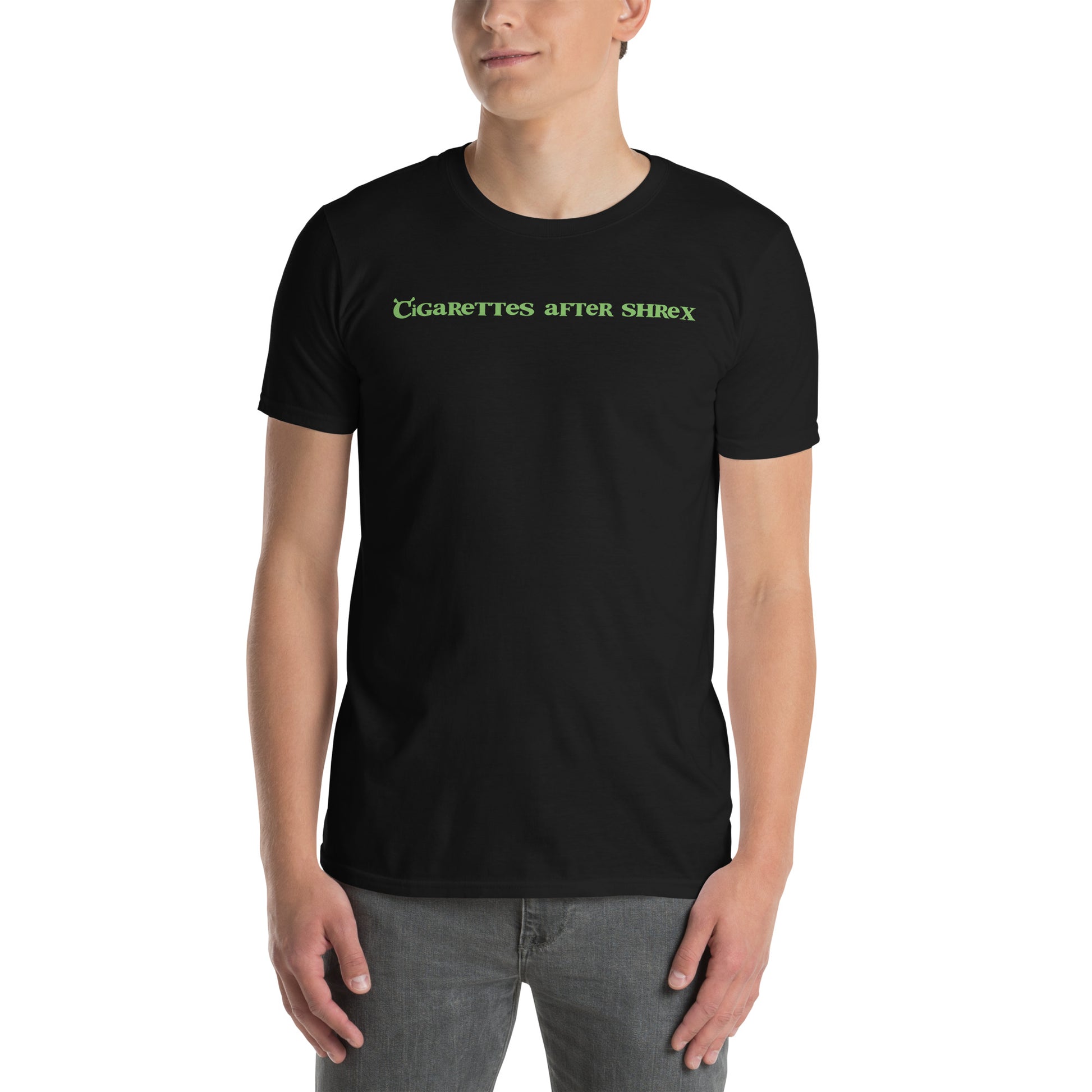 Black unisex t-shirt with "Cigarettes After Shrex" graphic print, front view