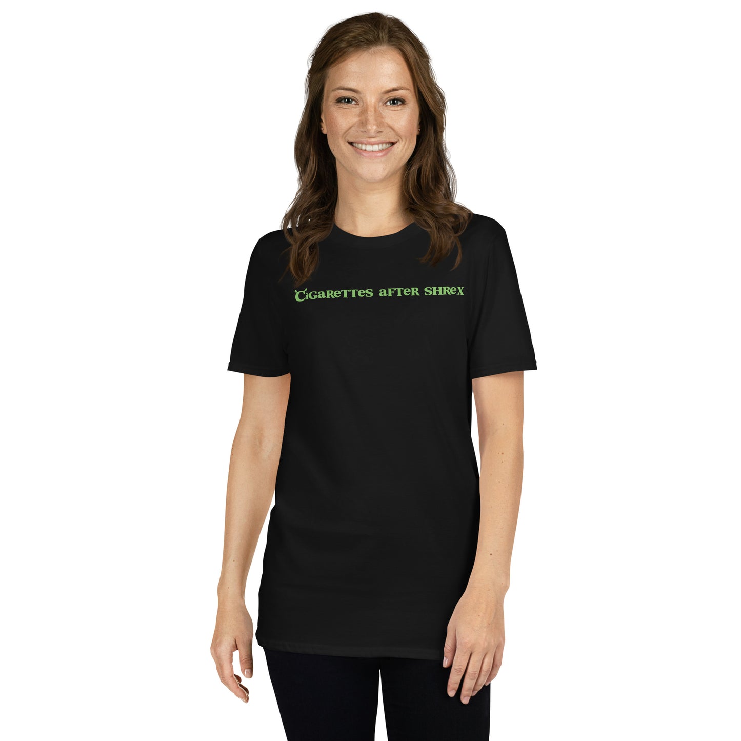 Black unisex t-shirt with "Cigarettes After Shrex" graphic print, front view