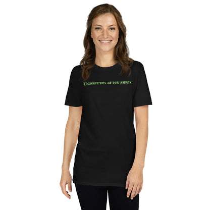 Black unisex t-shirt with "Cigarettes After Shrex" graphic print, front view