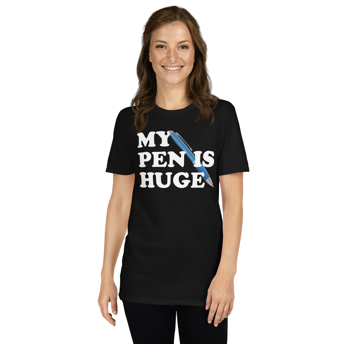 Black unisex t-shirt with "My Pen Is Huge" graphic print, front view