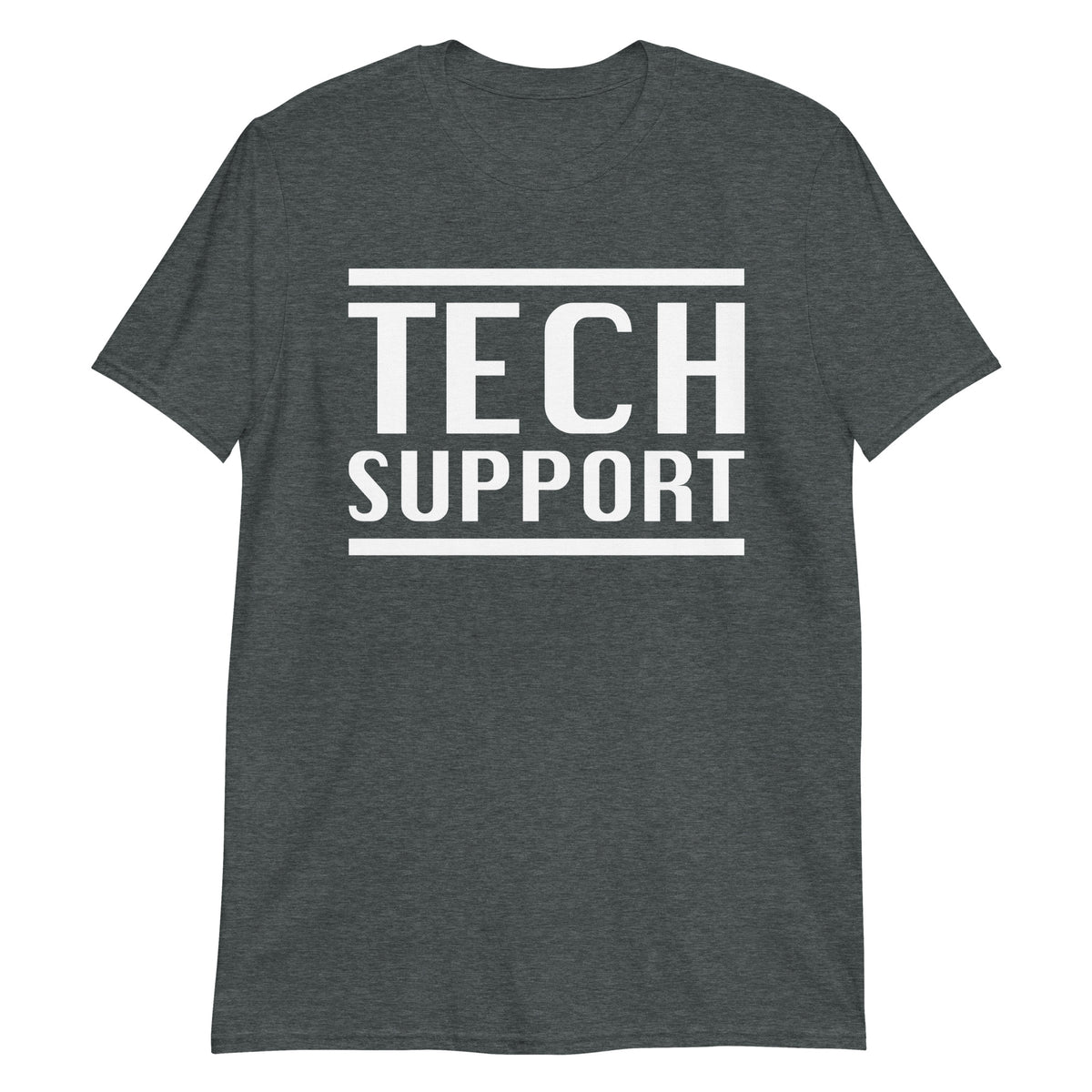 Dark Heather unisex t-shirt with "Tech Support Short-Sleeve Unisex" graphic print, front view