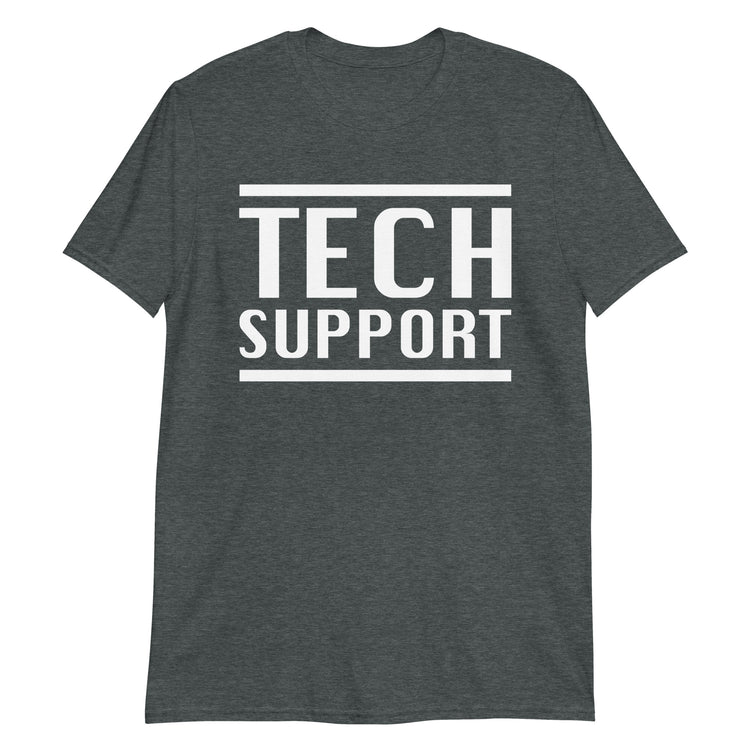 Dark Heather unisex t-shirt with "Tech Support Short-Sleeve Unisex" graphic print, front view