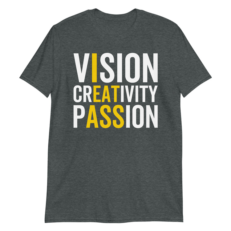 Dark Heather unisex t-shirt with "Vision Creativity Passion" graphic print, front view