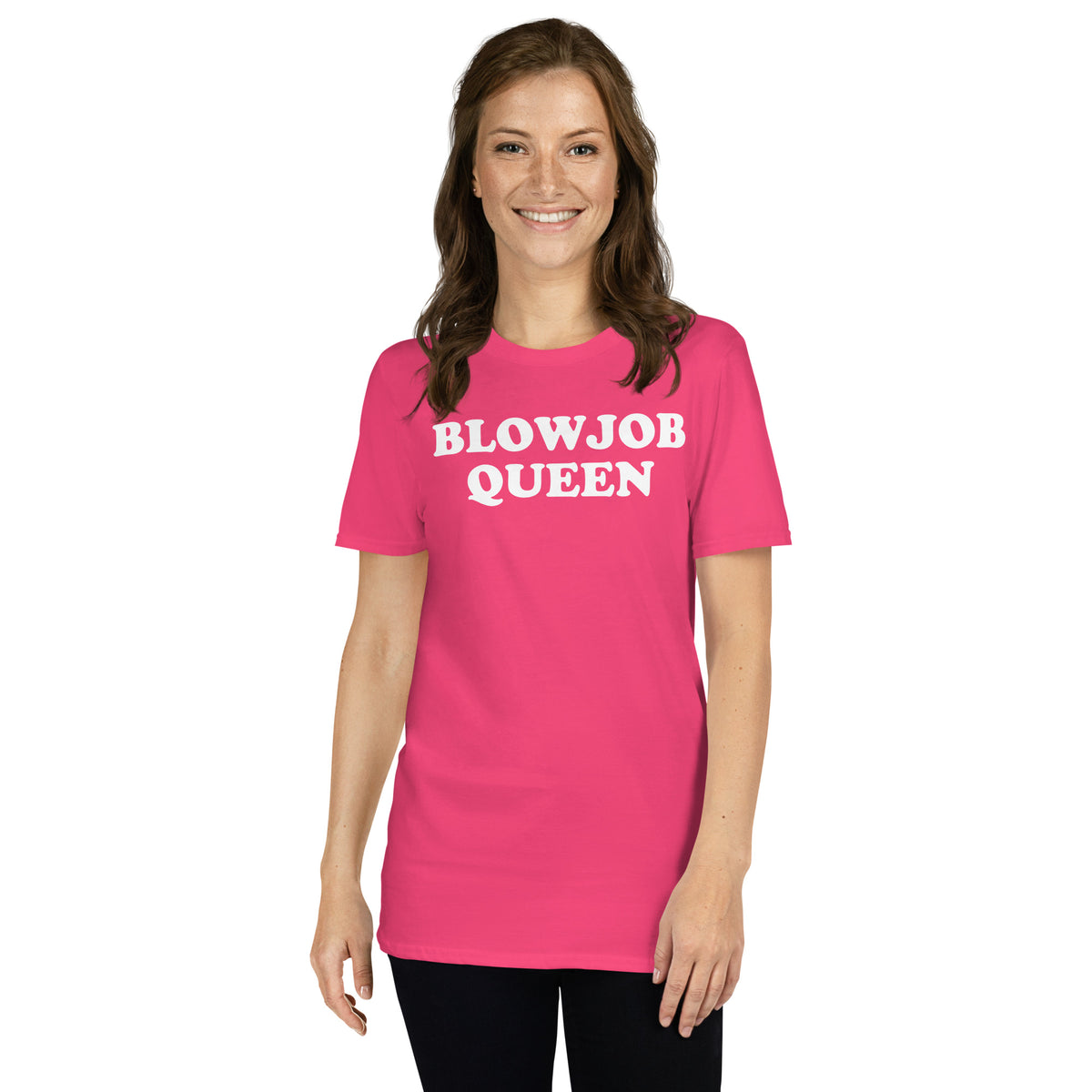 Heliconia unisex t-shirt with "Blowjob Queen" graphic print, front view