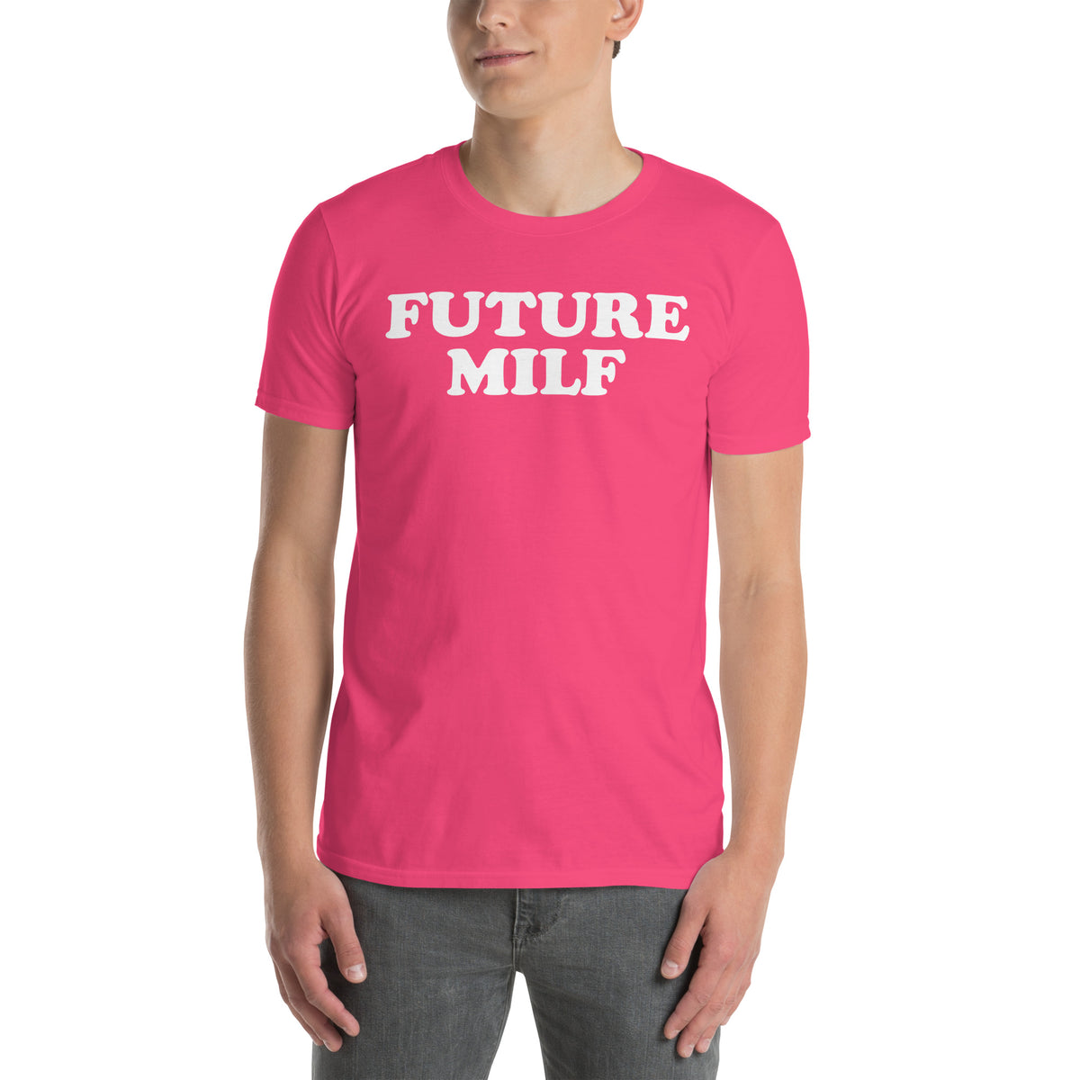 Heliconia unisex t-shirt with "Future MILF" graphic print, front view