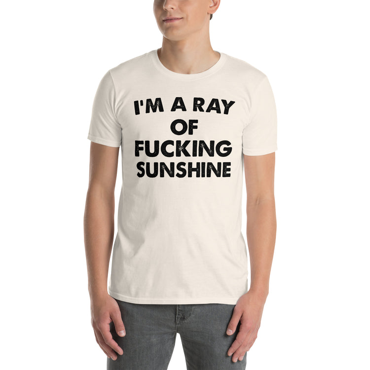 Natural unisex t-shirt with "I'm A Ray Of Fucking Sunshine" graphic print, front view