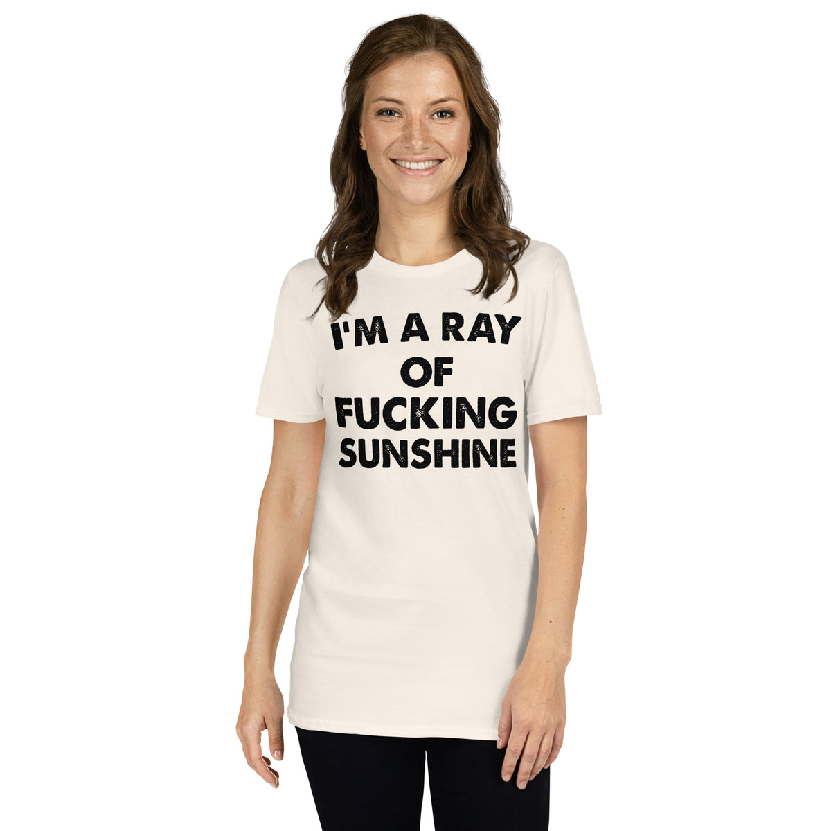 Natural unisex t-shirt with "I'm A Ray Of Fucking Sunshine" graphic print, front view
