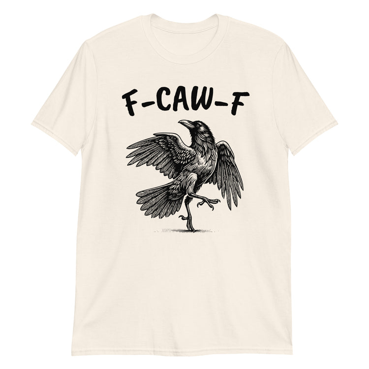 Natural unisex t-shirt with "F-Caw-F Swearing Crow" graphic print, front view