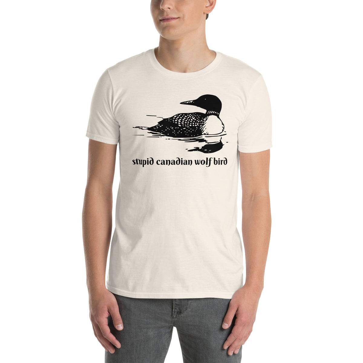 Natural unisex t-shirt with "Stupid Canadian Wolf Bird" graphic print, front view