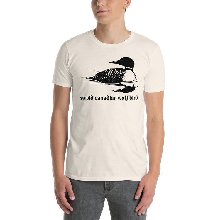 Natural unisex t-shirt with "Stupid Canadian Wolf Bird" graphic print, front view