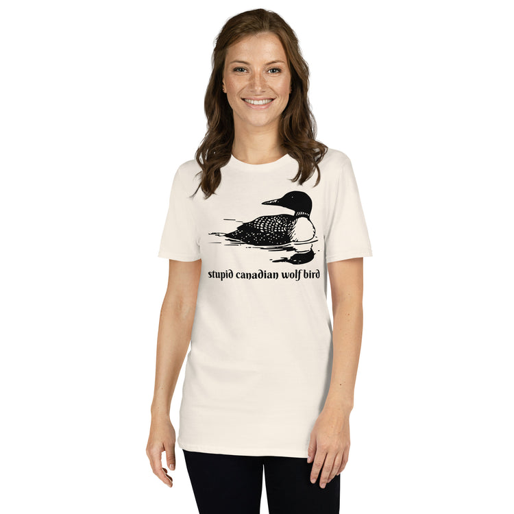 Natural unisex t-shirt with "Stupid Canadian Wolf Bird" graphic print, front view