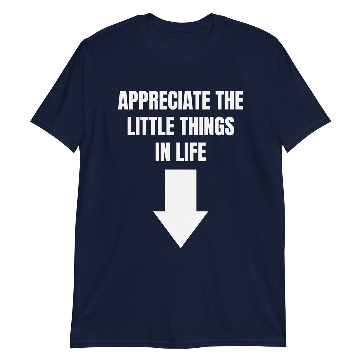 Navy unisex t-shirt with "Appreciate The Little Things In Life" graphic print, front view