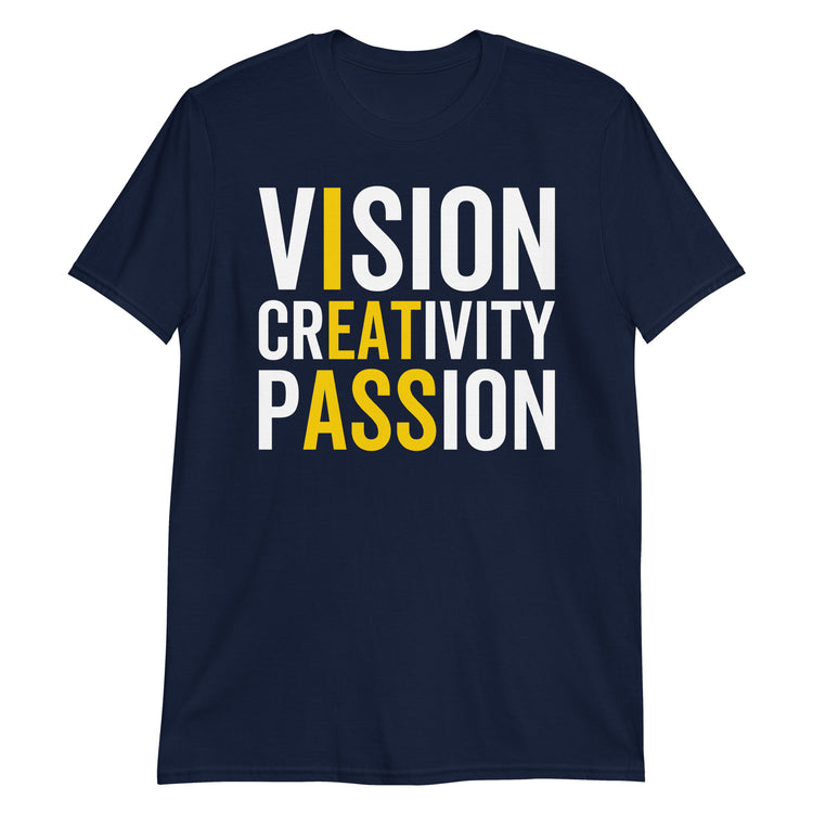 Navy unisex t-shirt with "Vision Creativity Passion" graphic print, front view