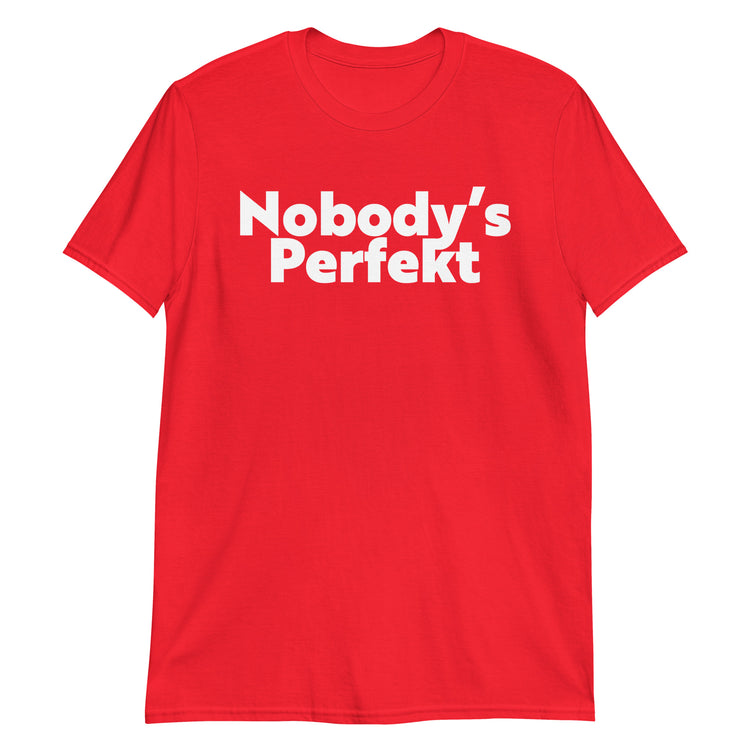 Red unisex t-shirt with "Nobody's Perfekt Typo" graphic print, front view
