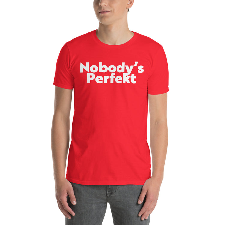 Red unisex t-shirt with "Nobody's Perfekt Typo" graphic print, front view