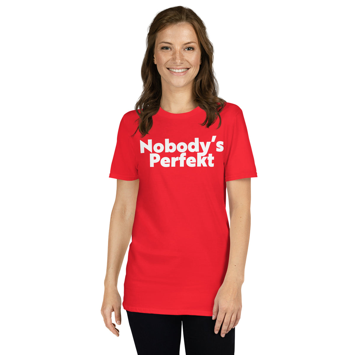 Red unisex t-shirt with "Nobody's Perfekt Typo" graphic print, front view