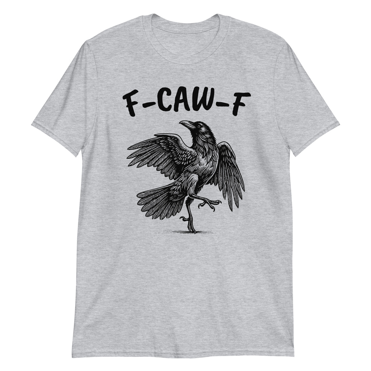 Sport Grey unisex t-shirt with "F-Caw-F Swearing Crow" graphic print, front view