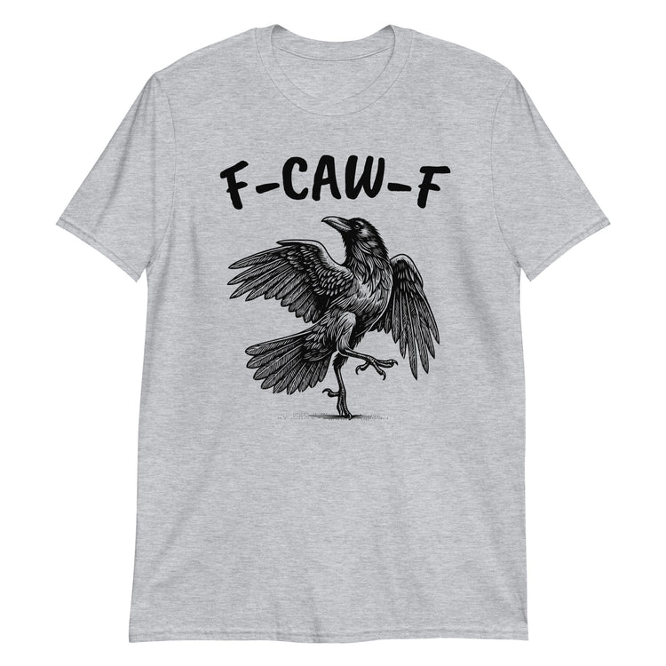 Sport Grey unisex t-shirt with "F-Caw-F Swearing Crow" graphic print, front view